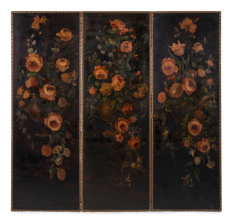 An antique three-fold screen, floral oil painting on canvas, 19th century, ​176cm high, 183cm wide