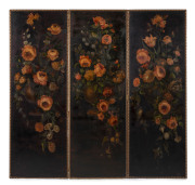 An antique three-fold screen, floral oil painting on canvas, 19th century, ​176cm high, 183cm wide