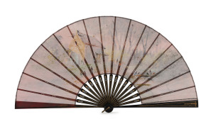 A most attractive late 19th century hand-painted silk fan, with ebonised gilt heightened guards and sticks with floral surrounded rivet and metal loop; the silk leaf painted with a scene of a mill stream and various fishing activities. Signed by the artis