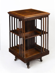 An antique English revolving book stand, rosewood with marquetry inlay, 19th century, 81cm high, 41cm wide, 41cm deep