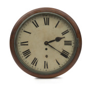 An antique English railway clock, single train fusee movement with Roman numerals, 19th century, ​36cm diameter