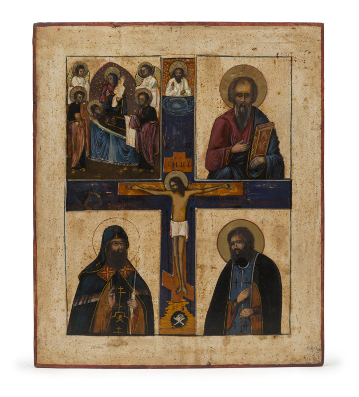 A Russian icon depicting Christ, St. Nicholas, St.Mitrophan and others, hand-painted gesso and timber, 19th century, ​31.5 x 27cm