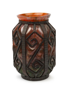 DAUM & MARJORELLE French orange glass and hand wrought iron vase, circa 1900, engraved "Daum, Nancy, Marjorelle" with cross of Lorraine, 29.5cm high, 20cm wide