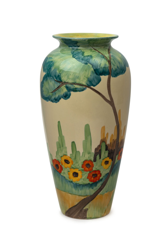 CLARICE CLIFF "Fragrance" pattern English Art Deco porcelain vase, circa 1935, stamped "Hand Painted Bizarre By Clarice Cliff, Wilkinson's Ltd. England", ​27cm high