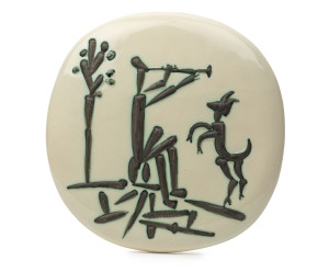 PICASSO "Joueur de Flûte et Chèvre" pottery plaque, circa 1956, impressed stamp "Madoura Plein Feu, Empreinte Originale De Picasso", from an edition of 450, reference: Ramié, Alain. (1988) Picasso Catalogue of the edited ceramic works 1947-1971. Listed in catalogue raisonné no. 382. 25.5 x 25cm