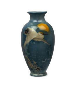 ROYAL DOULTON Titanium English porcelain vase with crane in flight, by HARRY ALLEN, circa 1919, marked "Royal Doulton England, Titanium" with impressed date mark, 13cm high