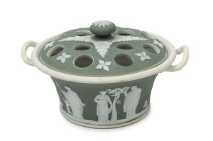 WEDGWOOD early English porcelain potpourri in sage green jasper ware, late 18th century, impressed "Wedgwood", 7cm high, 12cm wide