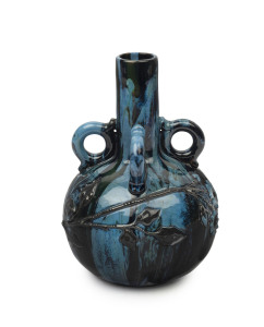 ELTON WARE (Sunflower Pottery) English vase with applied floral decoration and four handles, circa 1900, signed "Elton", ​19cm high