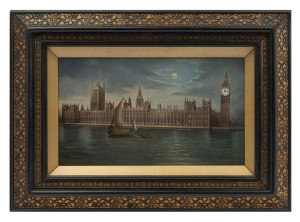 Big Ben House of Parliament antique picture clock, signed lower left "P.W. 1891", housed in original fine frame, with key and in running order. ​33 x 46cm overall