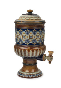 DOULTON LAMBETH rare stoneware water filter fountain and cover, late 19th century, impressed factory mark, 42cm high