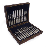 An English sterling silver dessert cutlery set with mother of pearl handles plus original walnut box, setting for twelve with additional cake knife, by Charles Allen & Sydney Darwin of Sheffield, circa 1893, the box 30.5cm wide