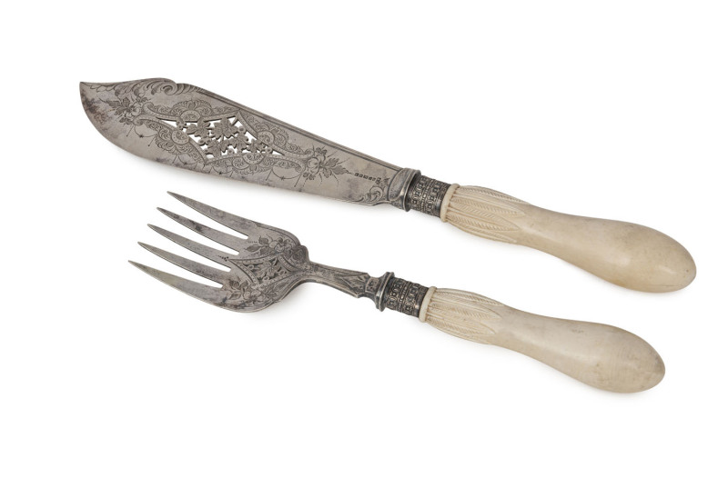 A pair of silver plated fish servers with finely carved ivory handles, 19th century, ​the larger 32cm long