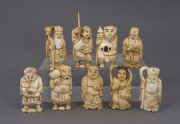 Nine Japanese carved ivory peasant statues, late Meiji period, ​the tallest 6.5cm high