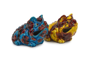 Two English pottery grotesque spoon warmers, most likely by MAW & Co. late 19th century, impressed retailer's mark "T. GOODE & Co." who were a famous London emporium. With additional attached note "Sacred Dogs of Pekin, came from Lord Forrest's Home". 14cm high, 18cm long PROVENANCE: Purchased by the current vendor from the Lord Forrest collection (1st Premier of Western Australia) from a deaccession sale of property belonging to The National Trust.