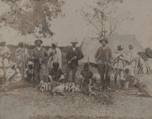 A pair of tiger hunting scene albumen photographs, late 19th century, original frames and mounting, ​sheet size 27 x 35cm