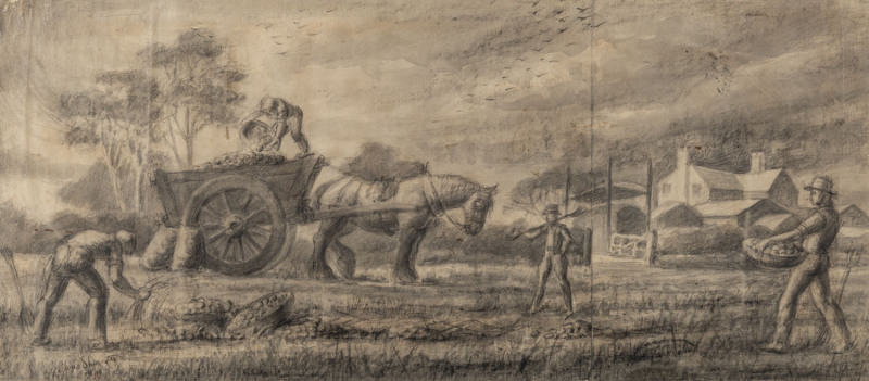 ARTIST UNKNOWN (20th century), potato pickers, pencil on paper, signed lower left "Chas. Sherratt (?), 1948", ​24 x 55cm