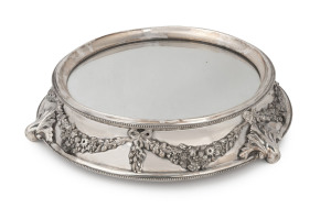 An English silver plated table centrepiece with mirrored top, early to mid 19th century, 10cm high, 44cm wide