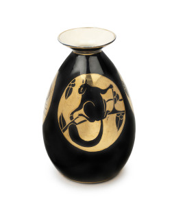 BOCH FRERES Belgium Art Deco ceramic black & gilt vase with squirrel decoration, circa 1930, circular black factory mark to base, 26cm high