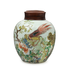 A Chinese famille verte porcelain ginger jar with rosewood lid, 19th century, 16.5cm high