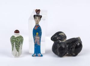 An antique Chinese glass statue, porcelain scent bottle and a ceramic ram figure, 19th and 20th century, the glass statue 14cm high