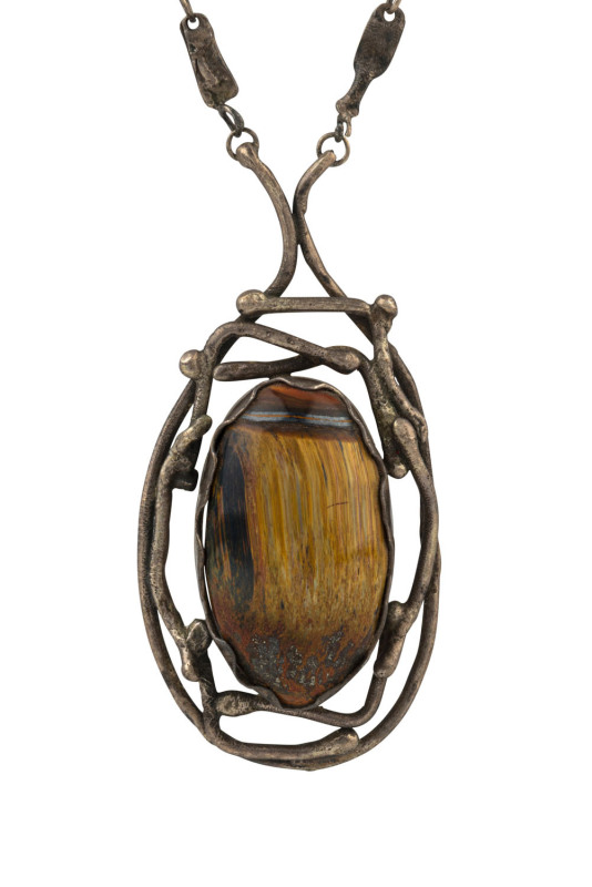 A vintage silver necklace with large goldstone pendant, circa 1960s, ​the pendant 9cm high