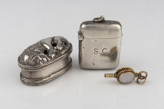 Sterling silver vesta, Indian silver box and a fine antique watch key, (3 items),