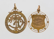 Two antique 9ct gold fob medallions, "St. Crispin, Premiers 1910-11", and "T.F.C. Premiers 1917", ​the larger 3cm high, 5 grams total