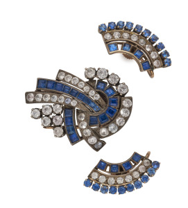 A rose gold, silver sapphire and white sapphire brooch and matching earrings, early 20th century,3.5cm wide