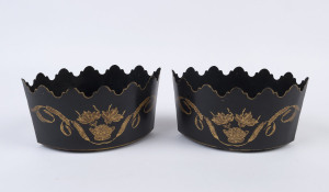 A pair of Florentine Italian hand-painted black and gold metal bowls, 20th century, 12cm high, 35cm wide, 15cm deep