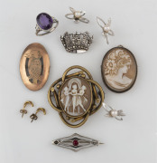 Two antique cameo brooches, two silver brooches, gold plated kookaburra brooch and assorted earrings, 19th and 20th century