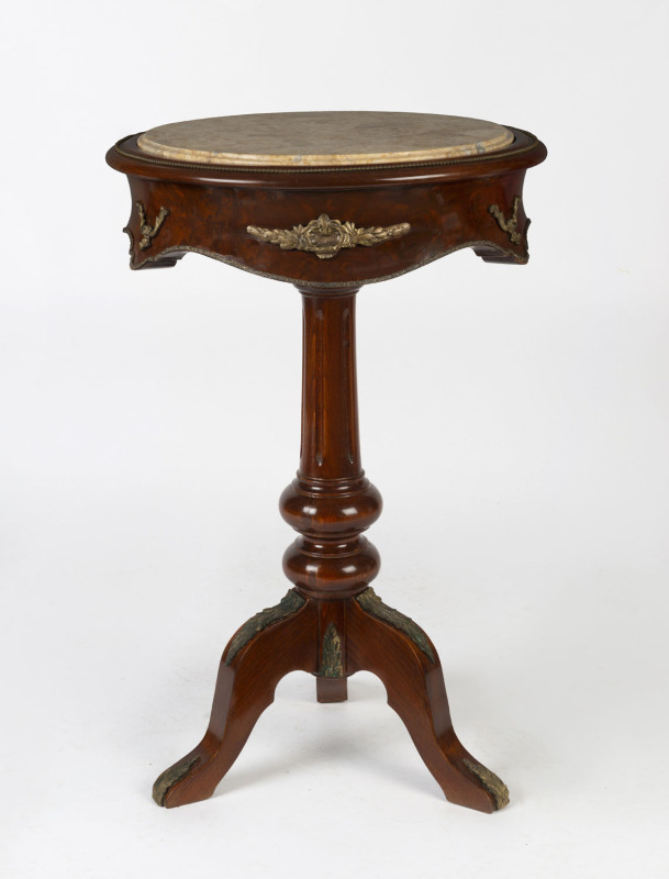 A French style wine table, walnut and ormolu with stone top, 20th century, 66cm high, 44cm diameter