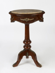 A French style wine table, walnut and ormolu with stone top, 20th century, 66cm high, 44cm diameter