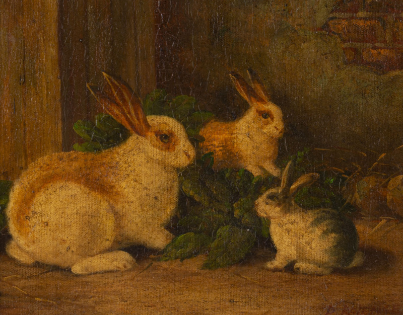 ARTIST UNKNOWN, rabbits, oil on board, late 20th century 19 x 24cm