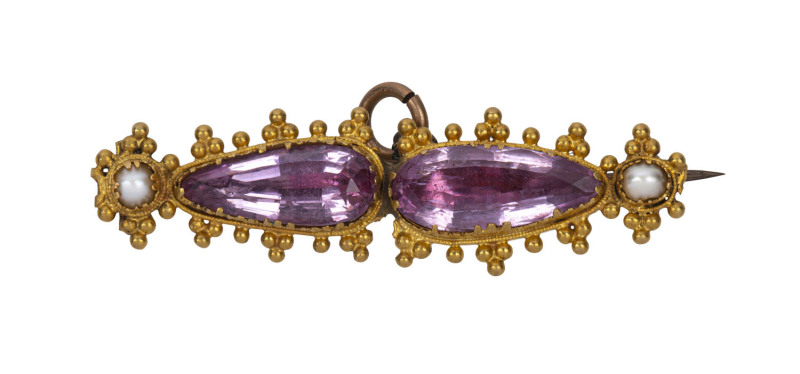 An antique yellow gold, amethyst and pearl bar brooch, most likely Georgian earring converted in Victorian times to a brooch, ​5cm wide, 6.2 grams total