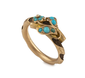 Forget Me Not antique yellow gold ring entwined with finely braided hair and set with turquoise, early to mid 19th century,