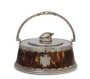 An English sweet meat box, silver plate and tortoiseshell with tortoise finial, 19th century, 14cm high, 14.5cm diameter
