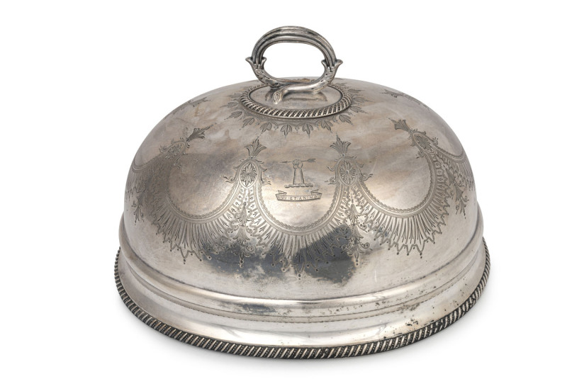 An English silver plated meat dish cover engraved with the McCULLOCH family crest, 19th century, 21cm high, 30cm wide, 23cn deep
