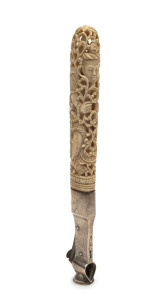 An antique sterling silver cigar cutter with ornately carved ivory handle, made by Sampson Mordan & Co. of Chester, circa 1913, 16cm long