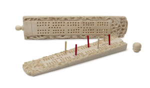 Two Chinese carved ivory cribbage scoreboards, circa 1920, the larger 18cm long