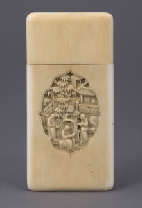 A Chinese carved ivory calling card case with court scene cartouche, late 19th century, ​9cm high