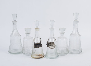 Six glass decanters with Pall Mall acid etched engraving, 20th century, the largest 34.5cm high