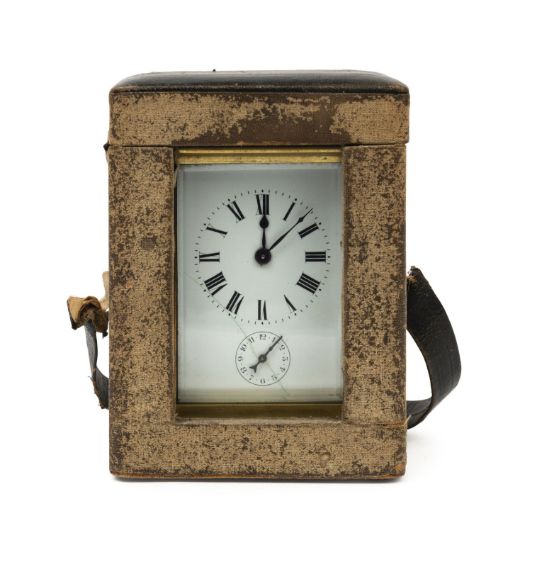 An antique French carriage clock in original travel case with key, 19th century, ​14cm high