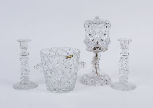 A vintage crystal table lamp and shade, pair of candlesticks and an ice bucket, 20th century, (4 items), the lamp 27cm high