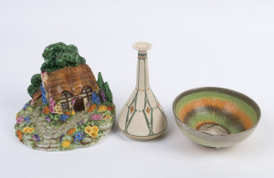 DISTEL Dutch pottery stem vase, Phoenix Ware English Art Deco porcelain bowl, plus a Tuscan Ware English porcelain cottage ornament, early 20th century, (3 items), the vase 17cm high