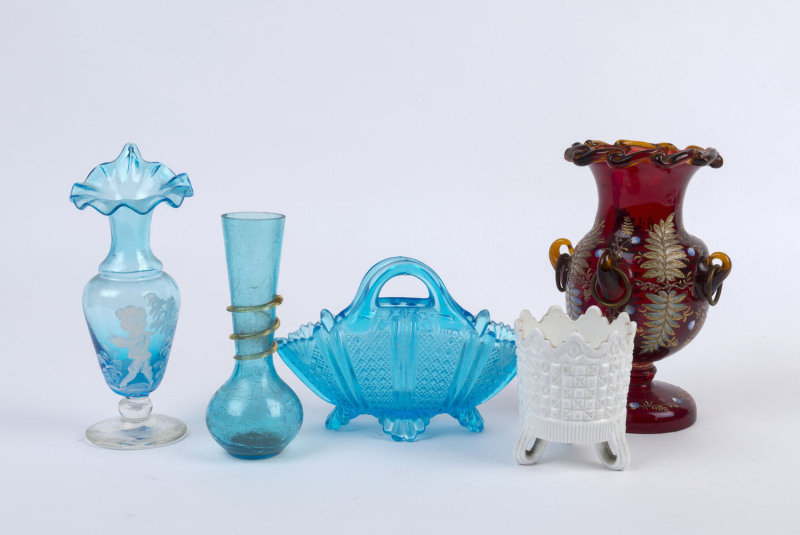 Five Victorian glass vases including Mary Gregory and ruby glass with enamel decoration, 19th century, ​the largest 18cm high