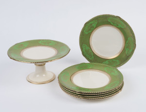 AMBASSADOR WARE English porcelain sweet compote and six plates with green and gilt dragon motif, early 20th century, (7 items), stamped "Ambassador Ware, Soho Pottery, England", the plates 23.5cm diameter