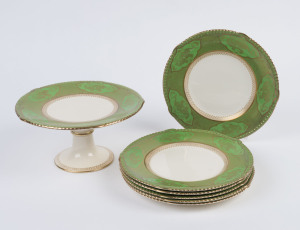 AMBASSADOR WARE English porcelain sweet compote and six plates with green and gilt dragon motif, early 20th century, (7 items), stamped "Ambassador Ware, Soho Pottery, England", ​the plates 23.5cm diameter
