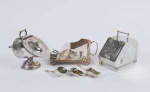Three silver plated sugar scuttles, one in the form of a motor car, 19th and early 20th century, the car example 8cm high, 18cm long
