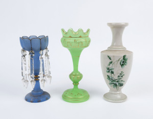 An antique blue glass lustre vase, a green glass vase, and a mantel vase with enamel floral decoration, 19th century, (3 items), the largest 31.5cm high