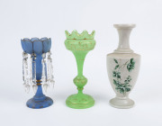 An antique blue glass lustre vase, a green glass vase, and a mantel vase with enamel floral decoration, 19th century, (3 items), ​the largest 31.5cm high
